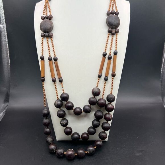 Chunky Boho Wood Necklace Brown Bead Disk Round Beads VTG Southwest Classic - Picture 1 of 6